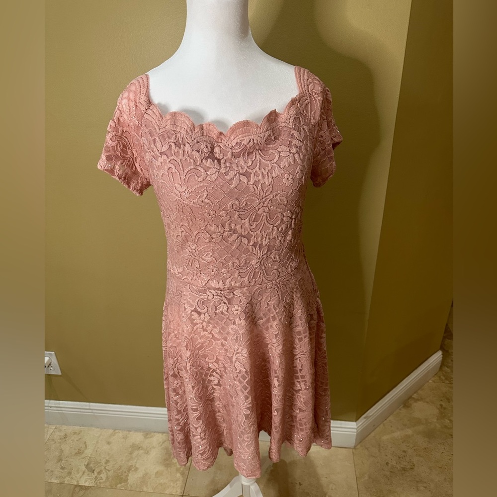 Pink glitter lace party dress shorter in the front & flows longer in the back.